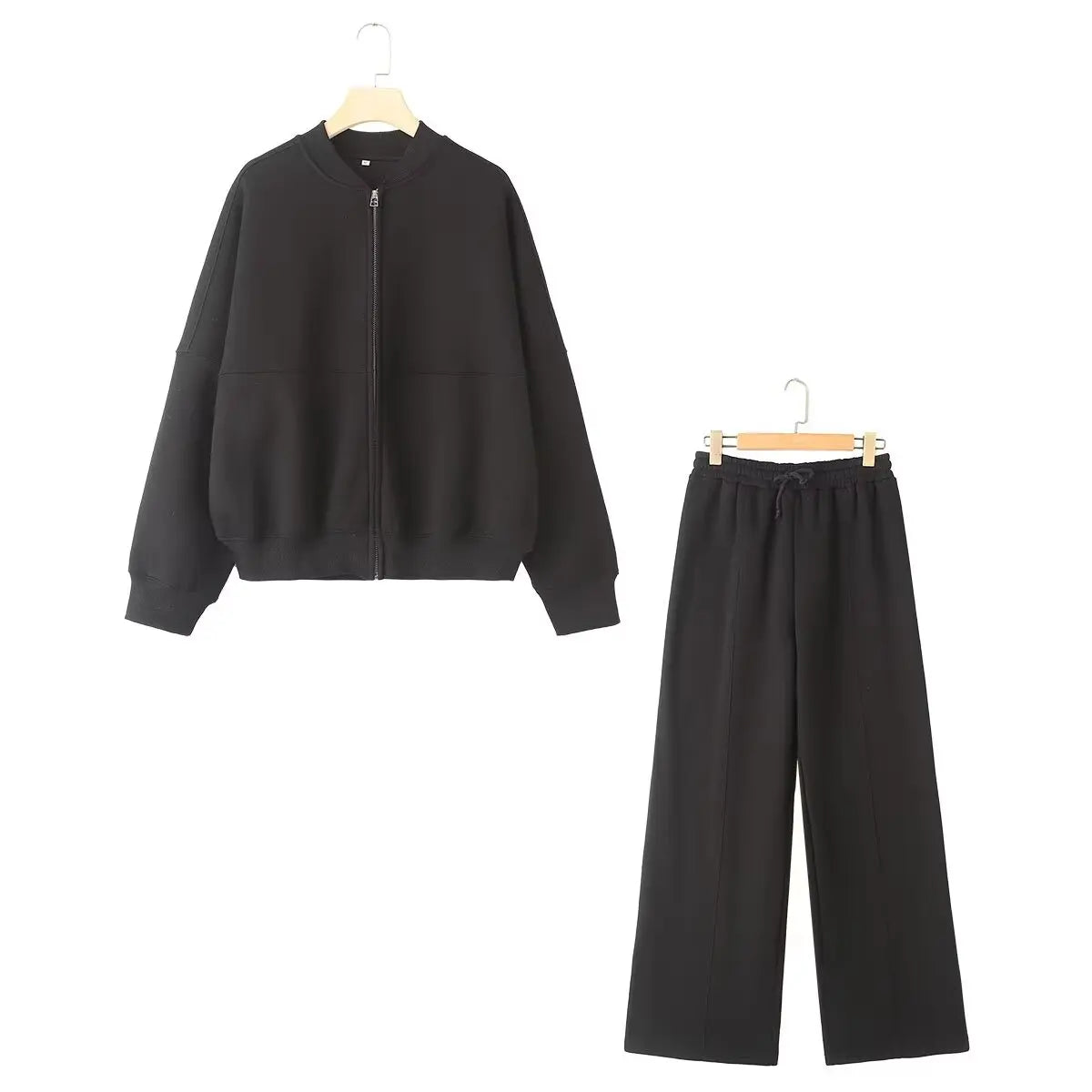 TRAFZA Women's 2-piece Retro Solid Color Zipper Bomber Jacket Sweatshirt + High-waisted Lace-up
