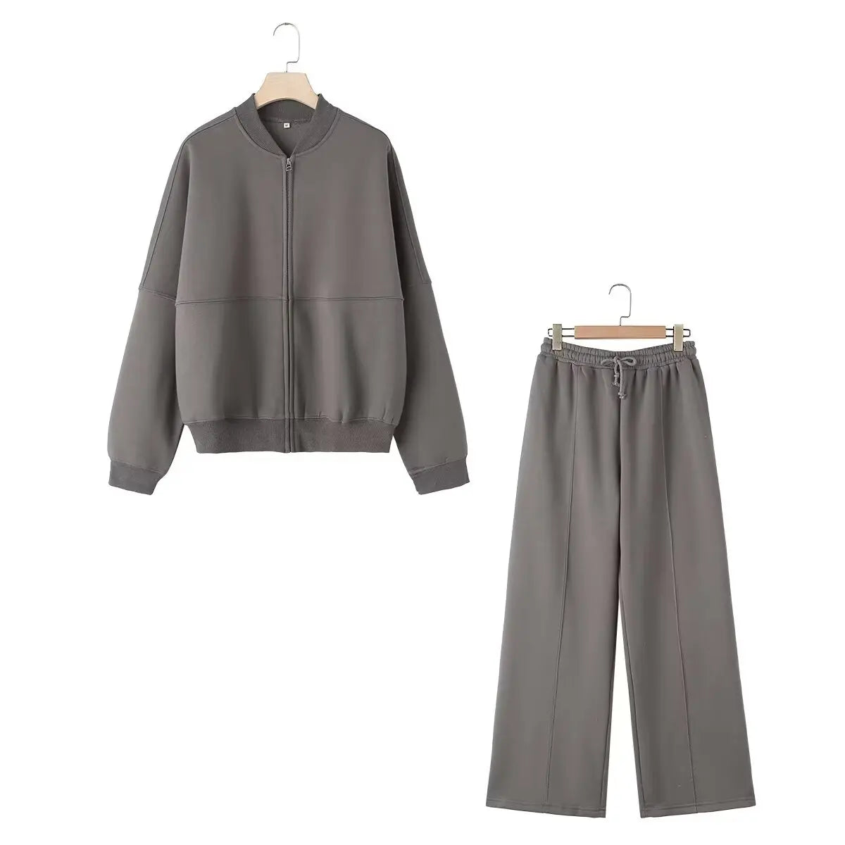 TRAFZA Women's 2-piece Retro Solid Color Zipper Bomber Jacket Sweatshirt + High-waisted Lace-up