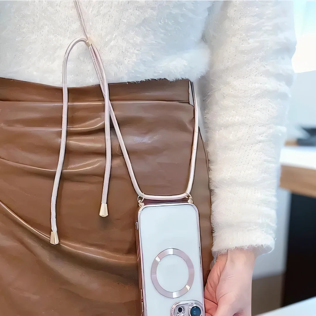 Electroplated transparent magnetic Magsafe wireless charging case suitable for iPhone 15, 14, 11, 12, 13 Pro Max necklace case