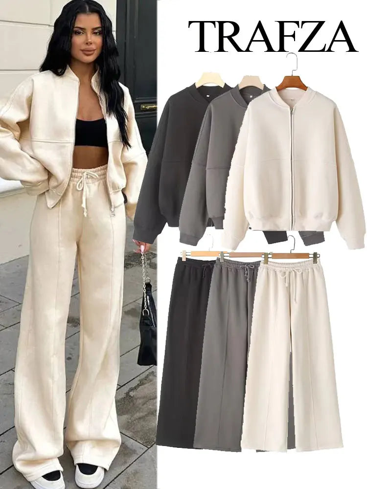 TRAFZA Women's 2-piece Retro Solid Color Zipper Bomber Jacket Sweatshirt + High-waisted Lace-up