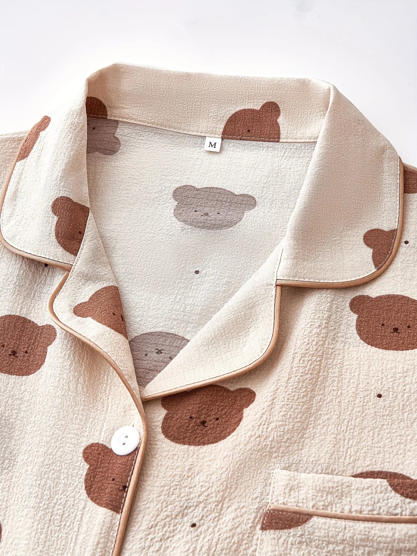 Cozy Bear Print Pajama Set for Women - Long Sleeve, Button-Up Lapel Top & Elastic Waist Pants, Machine Washable, for Autumn