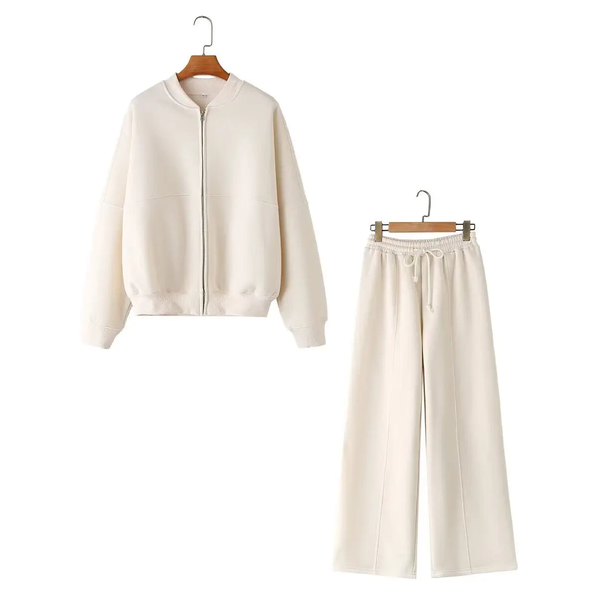 TRAFZA Women's 2-piece Retro Solid Color Zipper Bomber Jacket Sweatshirt + High-waisted Lace-up