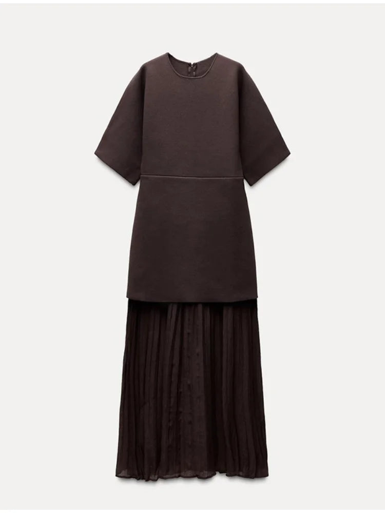 Elegant Pleat Dress Brown O-neck Half Sleeve
