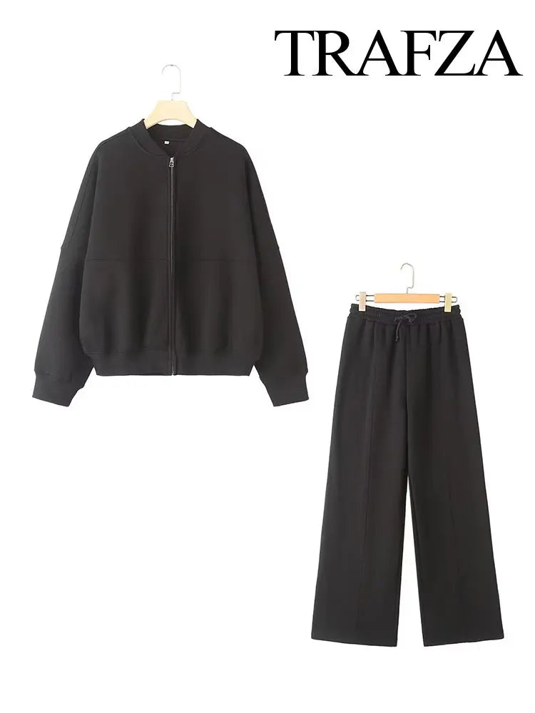 TRAFZA Women's 2-piece Retro Solid Color Zipper Bomber Jacket Sweatshirt + High-waisted Lace-up