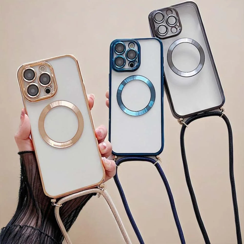 Electroplated transparent magnetic Magsafe wireless charging case suitable for iPhone 15, 14, 11, 12, 13 Pro Max necklace case