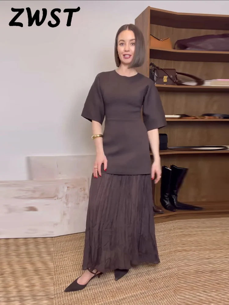 Elegant Pleat Dress Brown O-neck Half Sleeve
