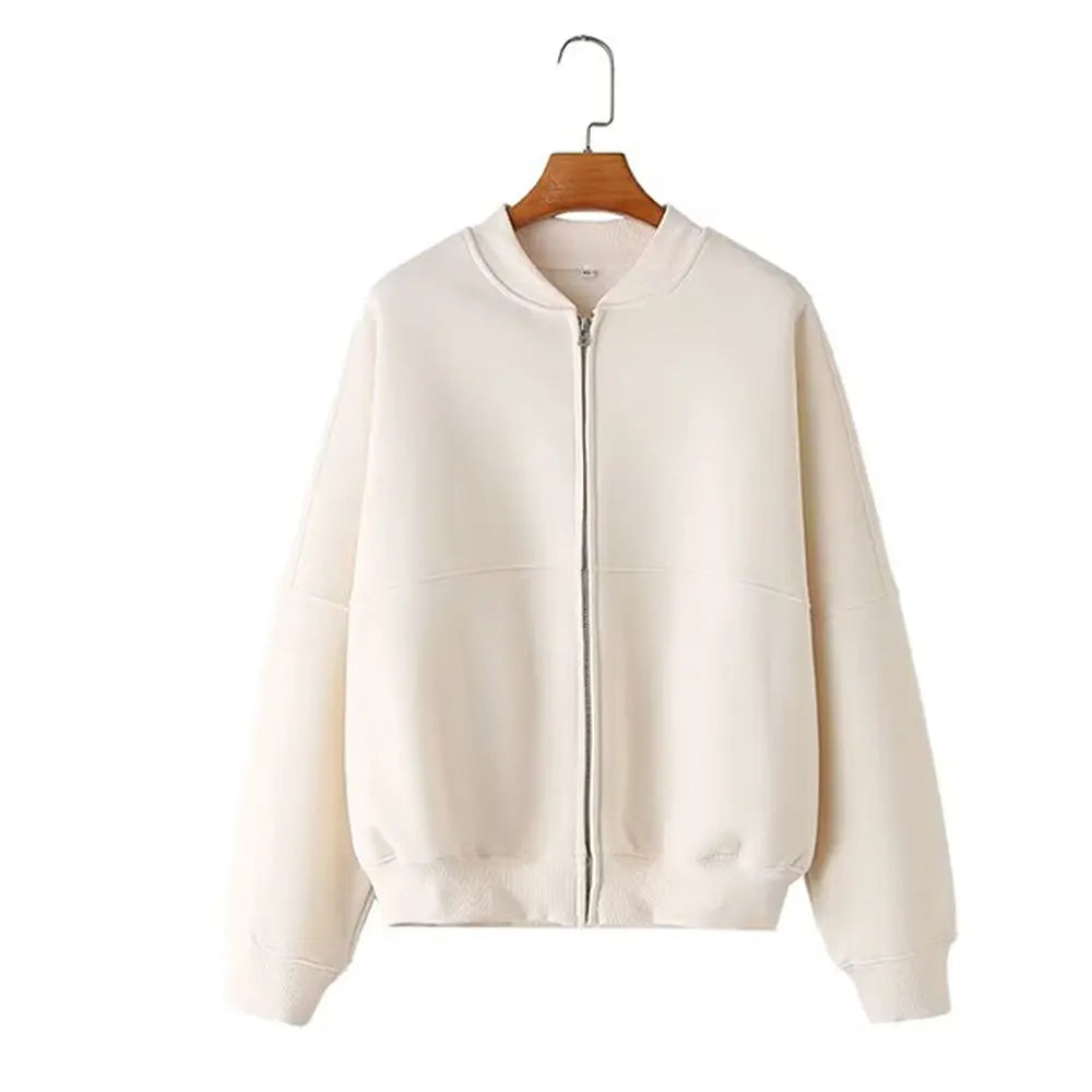 TRAFZA Women's 2-piece Retro Solid Color Zipper Bomber Jacket Sweatshirt + High-waisted Lace-up