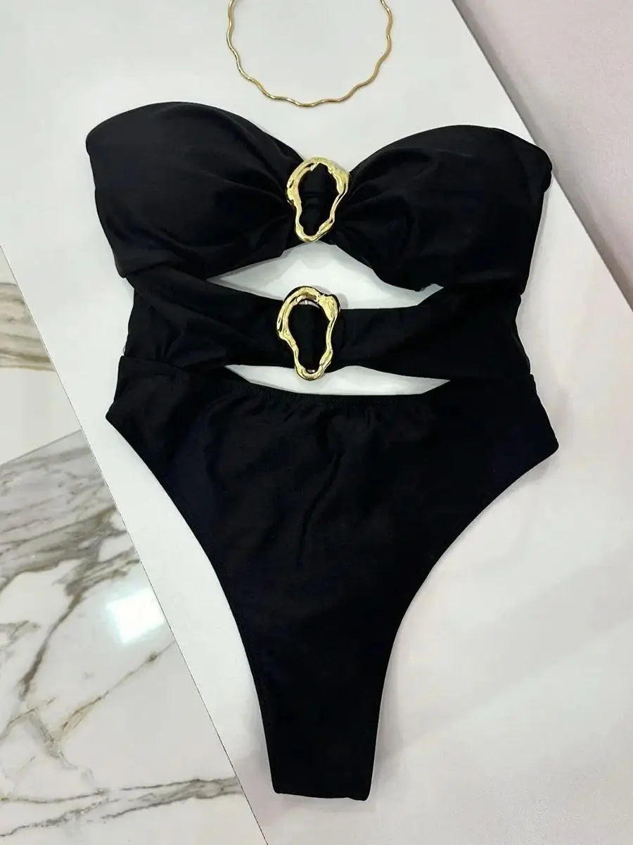 3 Colors Metal Rings Cut Out Women Swimwear