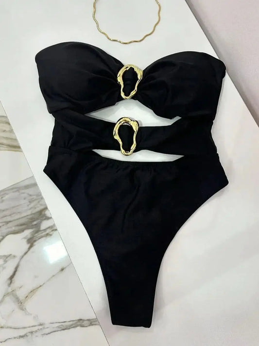 3 Colors  Metal Rings Cut Out Women Swimwear