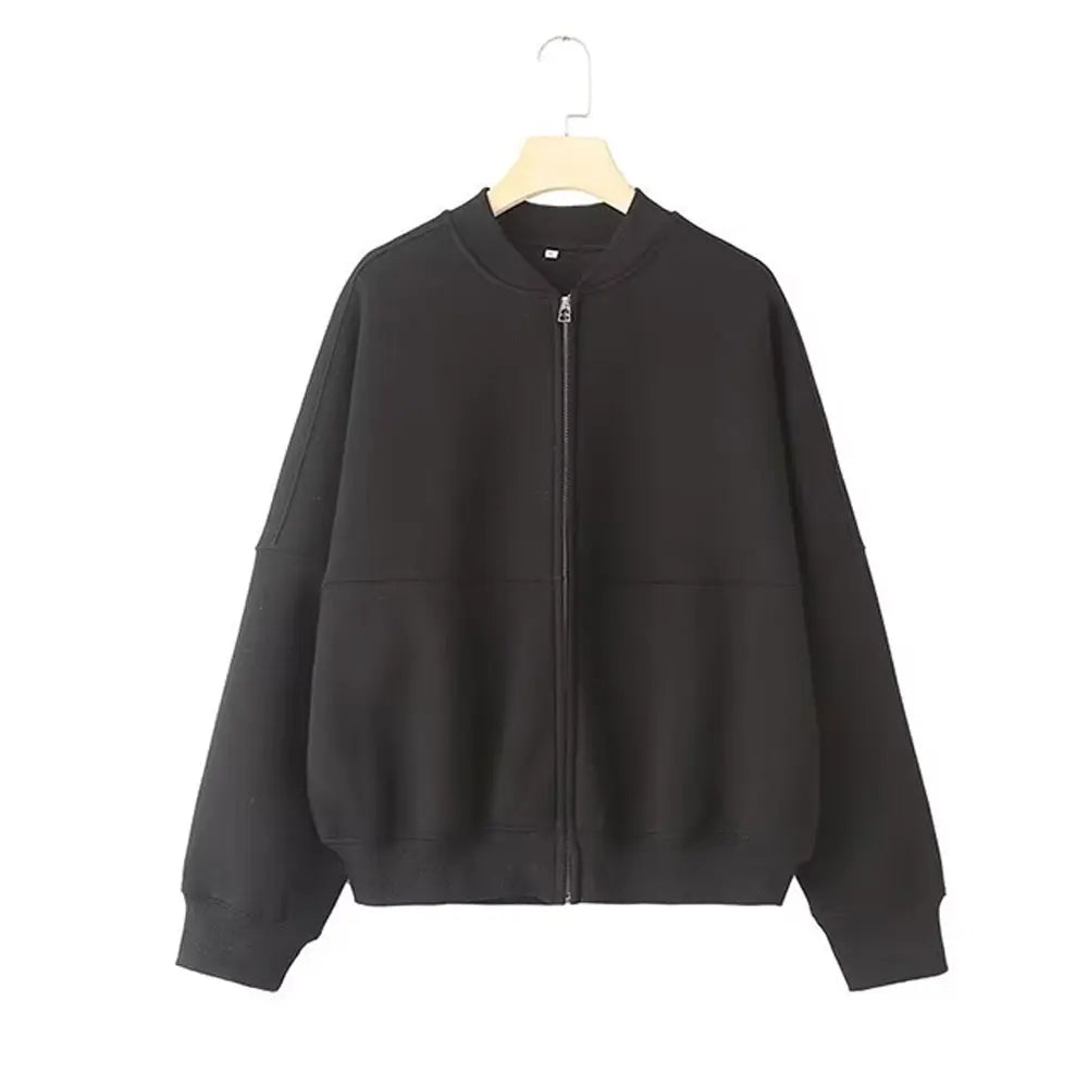 TRAFZA Women's 2-piece Retro Solid Color Zipper Bomber Jacket Sweatshirt + High-waisted Lace-up