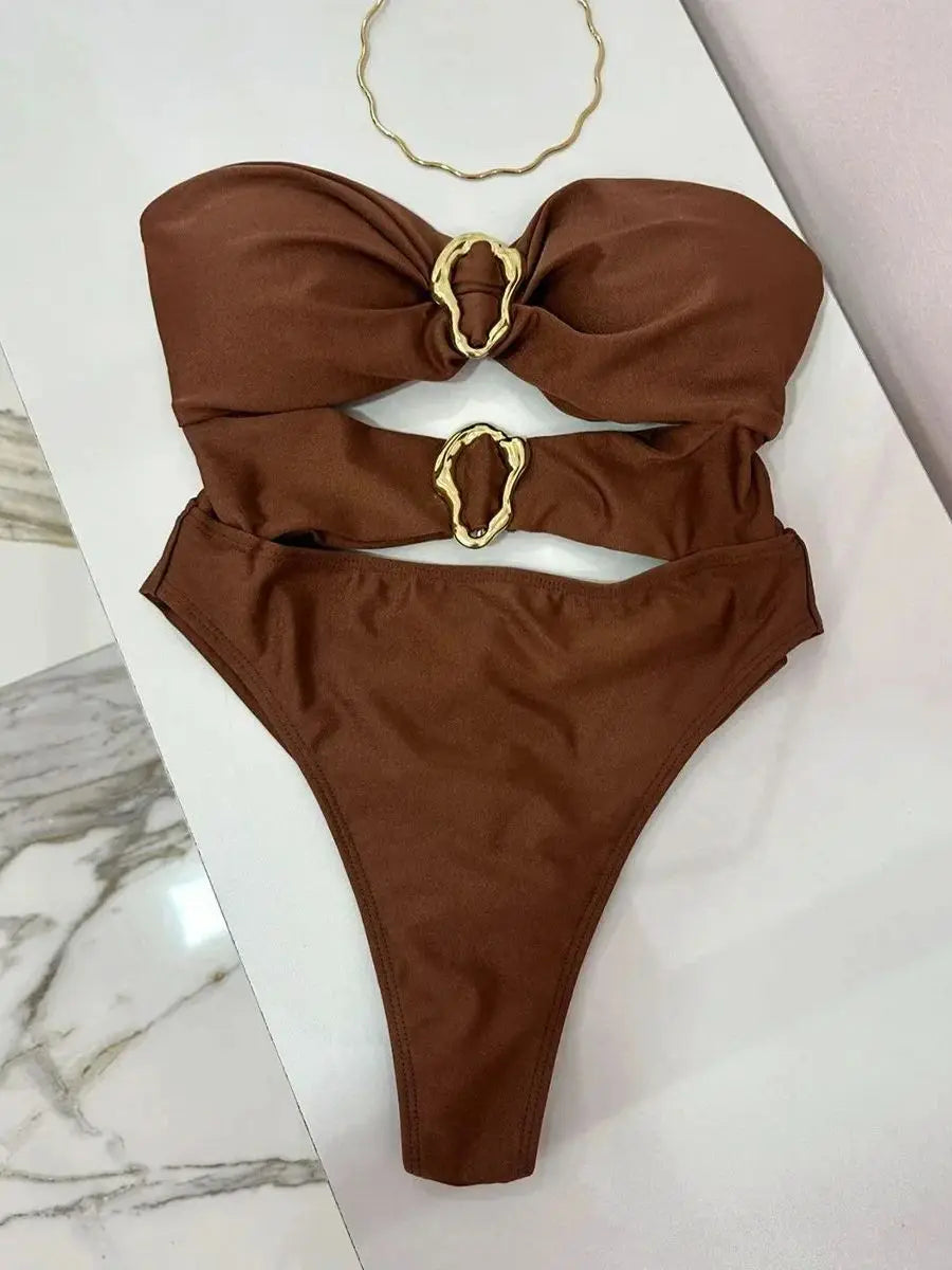 3 Colors Metal Rings Cut Out Women Swimwear