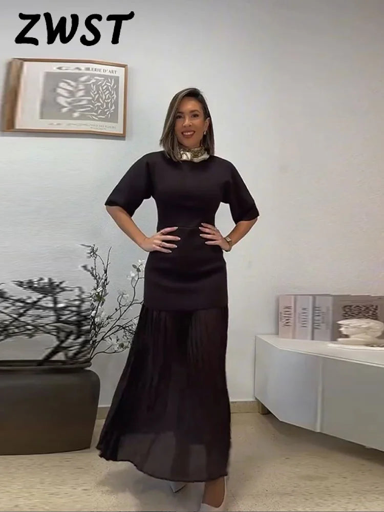 Elegant Pleat Dress Brown O-neck Half Sleeve