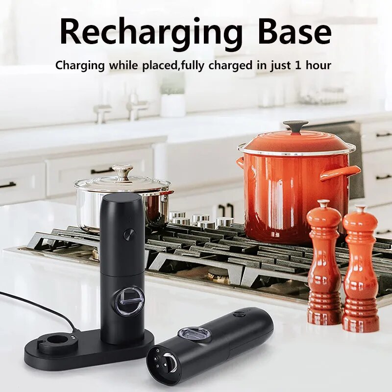 Electric Salt and Pepper Grinder Set with Charging Base and LED Light, Adjustable Coarseness Automatic Spice Herb Mill
