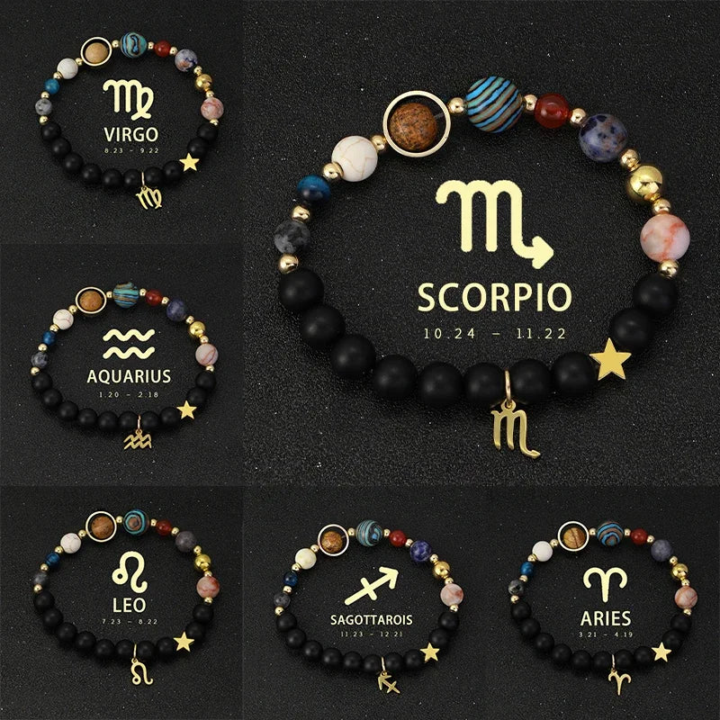 Bracelet 12 Zodiac Signs Virgo Taurus Cosmic Galaxies Eight Planets Constellation Bracelet Natural Stone Solar System Bracelet