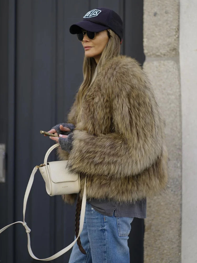 Women Fashion Thicken Short Faux Fur Jacket Chic V Neck Long Sleeved Plush Cardigan Coat Winter Elegant Female Warm Outerwear