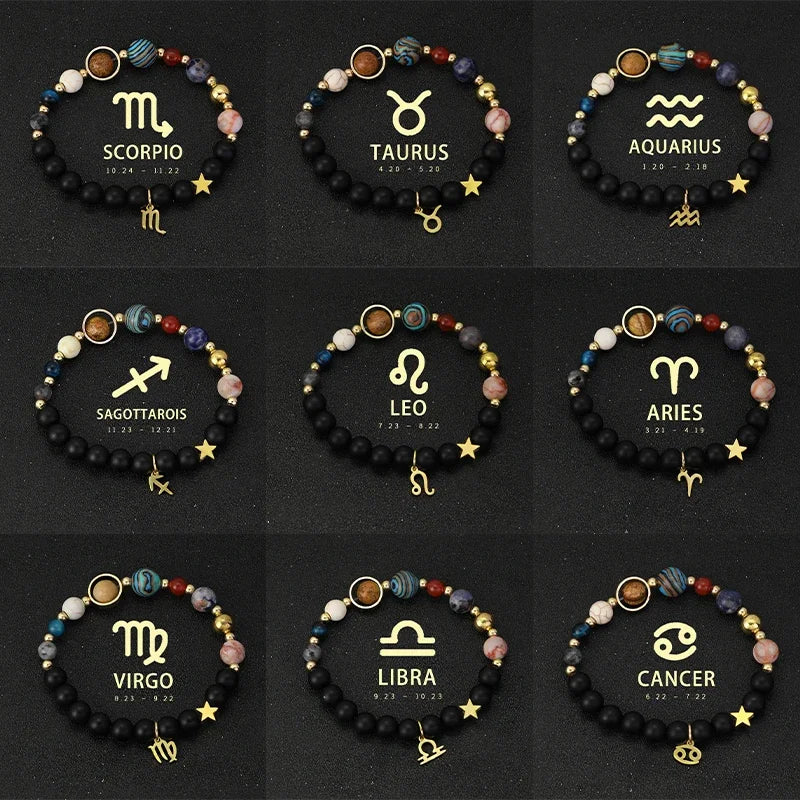 Bracelet 12 Zodiac Signs Virgo Taurus Cosmic Galaxies Eight Planets Constellation Bracelet Natural Stone Solar System Bracelet