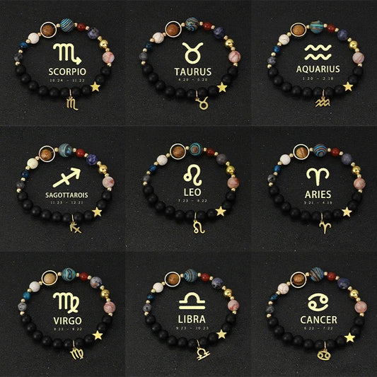 Bracelet 12 Zodiac Signs Virgo Taurus Cosmic Galaxies Eight Planets Constellation Bracelet Natural Stone Solar System Bracelet