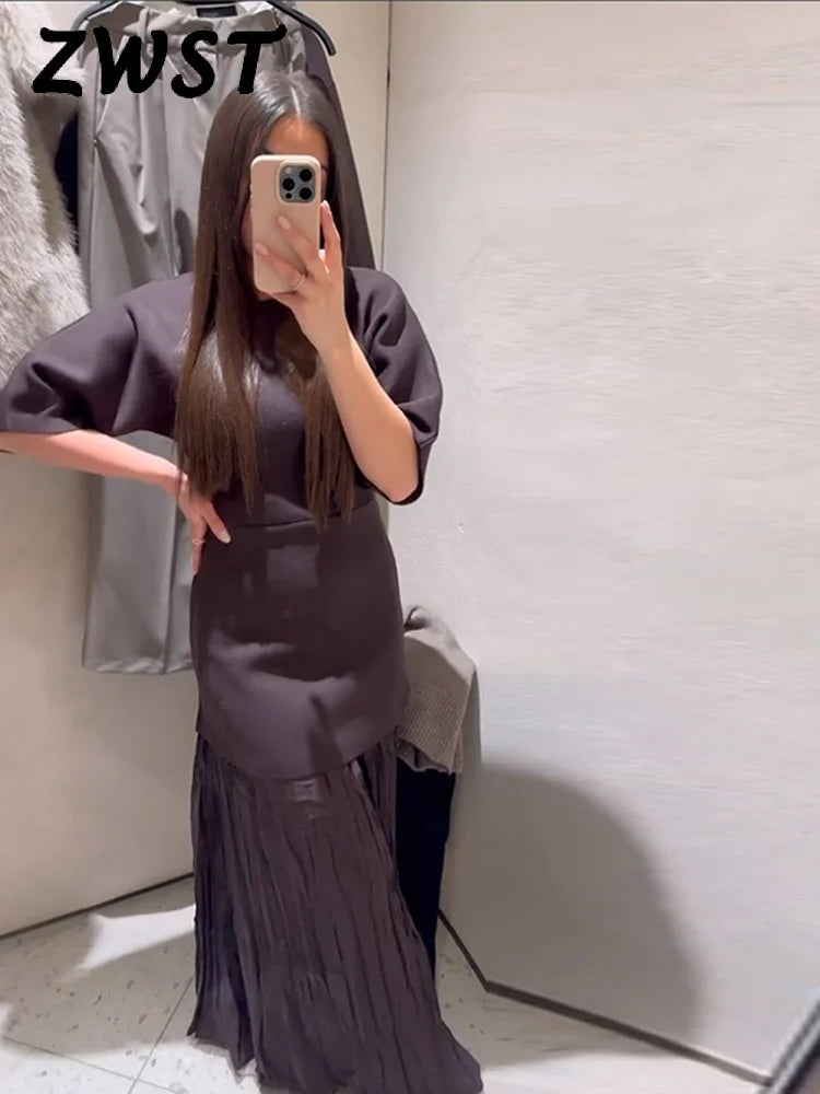 Elegant Pleat Dress Brown O-neck Half Sleeve