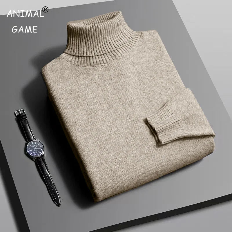 Autumn Mens High Quality Knitted Turtleneck Sweater Slim Fit Long Sleeve