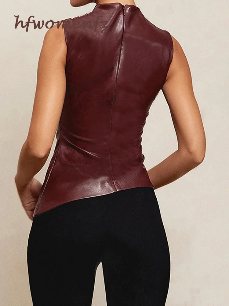 PU Leather Top Sleeveless Women Turtleneck Zipper Pleated Asymmetrical Sleeveless