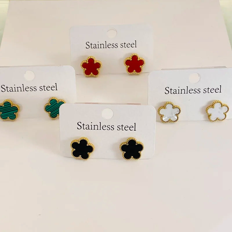 Stainless Steel Five Leaf Flower Earrings for Women with 14K Gold Plated Black Red White Green Color Elegant Earrings Jewelry