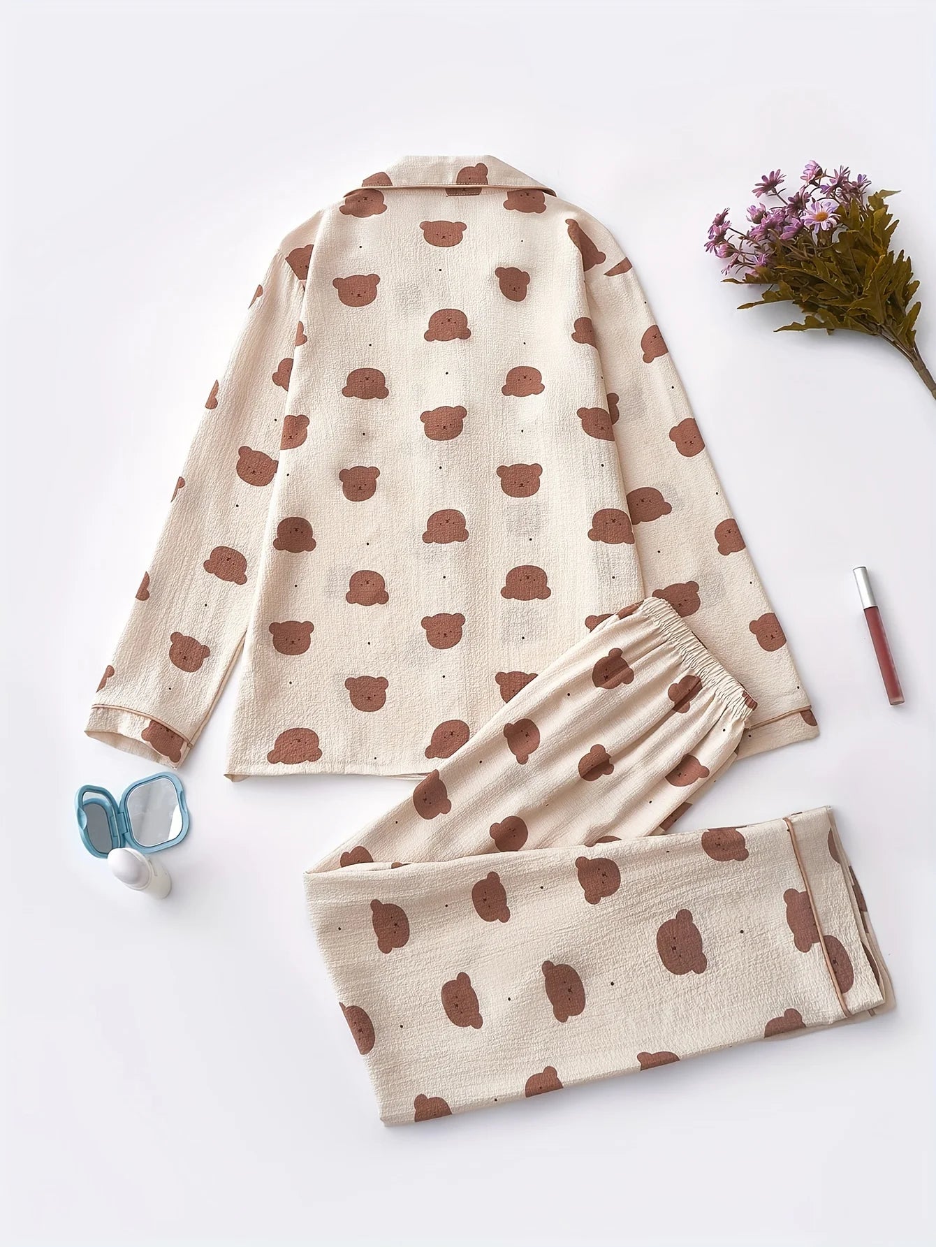 Cozy Bear Print Pajama Set for Women - Long Sleeve, Button-Up Lapel Top & Elastic Waist Pants, Machine Washable, for Autumn