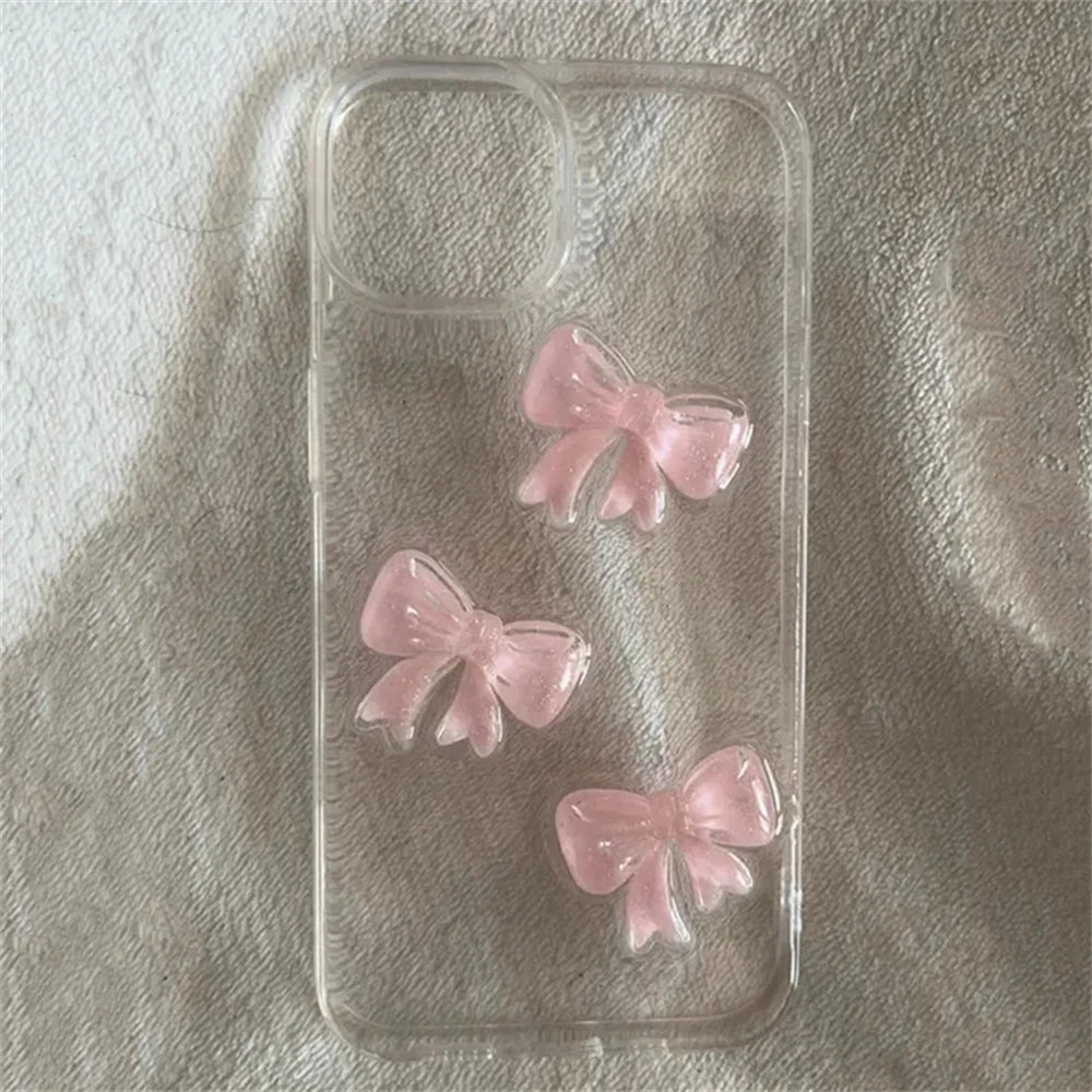 Cute 3D Pink Bowknot Clear Phone Case For iPhone 16 15 12 11 Pro Max 13 MiNi 14 Plus X XS XR 7 8 se2 Japan Korea Girl Epoxy Case