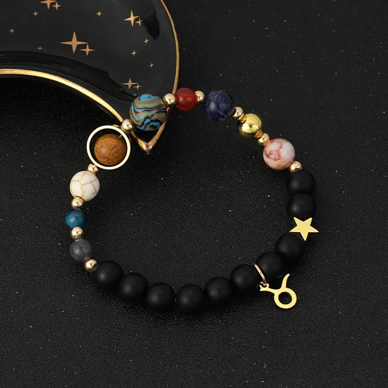Bracelet 12 Zodiac Signs Virgo Taurus Cosmic Galaxies Eight Planets Constellation Bracelet Natural Stone Solar System Bracelet