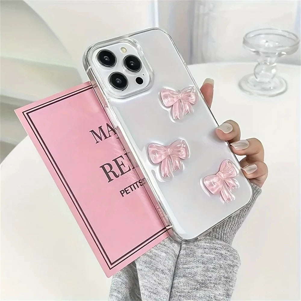 Cute 3D Pink Bowknot Clear Phone Case For iPhone 16 15 12 11 Pro Max 13 MiNi 14 Plus X XS XR 7 8 se2 Japan Korea Girl Epoxy Case