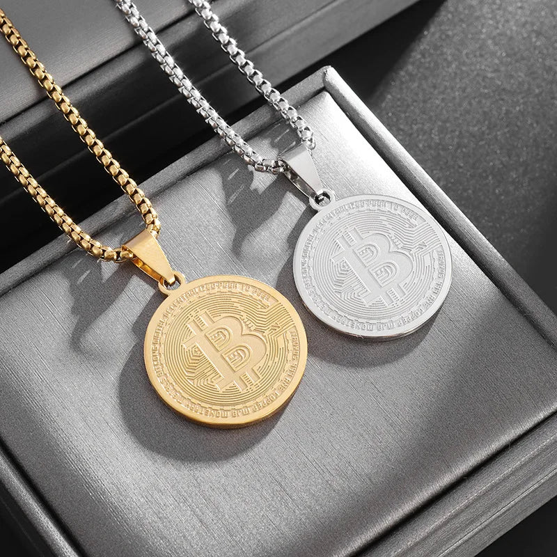 Vintage Stainless Steel Bitcoin Coin Round Medal Pendant Necklace for Men Women Fashion Creative Virtual Souvenir Coin Jewelry