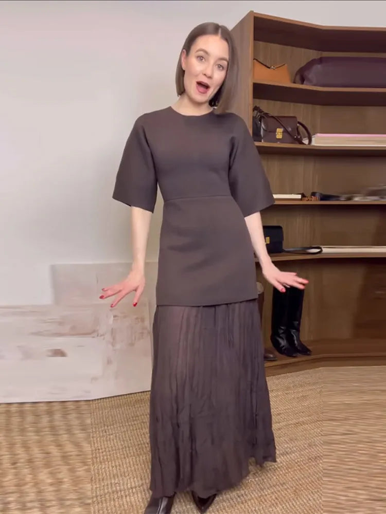 Elegant Pleat Dress Brown O-neck Half Sleeve