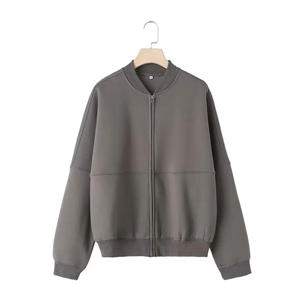 TRAFZA Women's 2-piece Retro Solid Color Zipper Bomber Jacket Sweatshirt + High-waisted Lace-up
