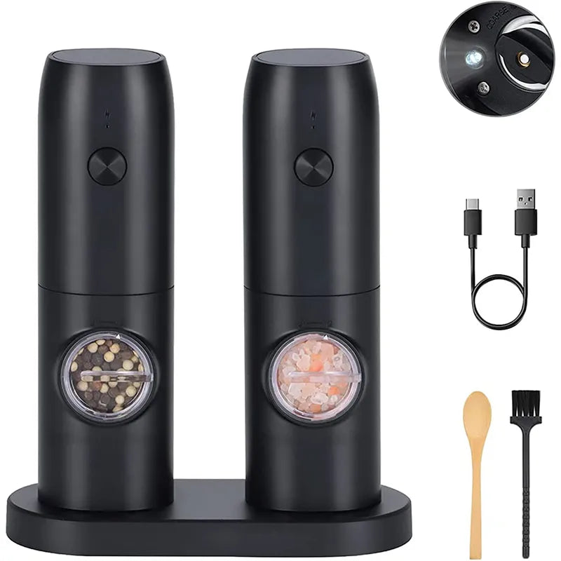 Electric Salt and Pepper Grinder Set with Charging Base and LED Light, Adjustable Coarseness Automatic Spice Herb Mill