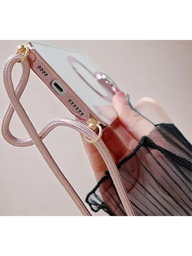 Electroplated transparent magnetic Magsafe wireless charging case suitable for iPhone 15, 14, 11, 12, 13 Pro Max necklace case