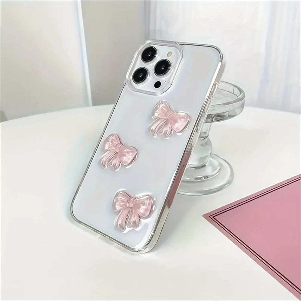 Cute 3D Pink Bowknot Clear Phone Case For iPhone 16 15 12 11 Pro Max 13 MiNi 14 Plus X XS XR 7 8 se2 Japan Korea Girl Epoxy Case