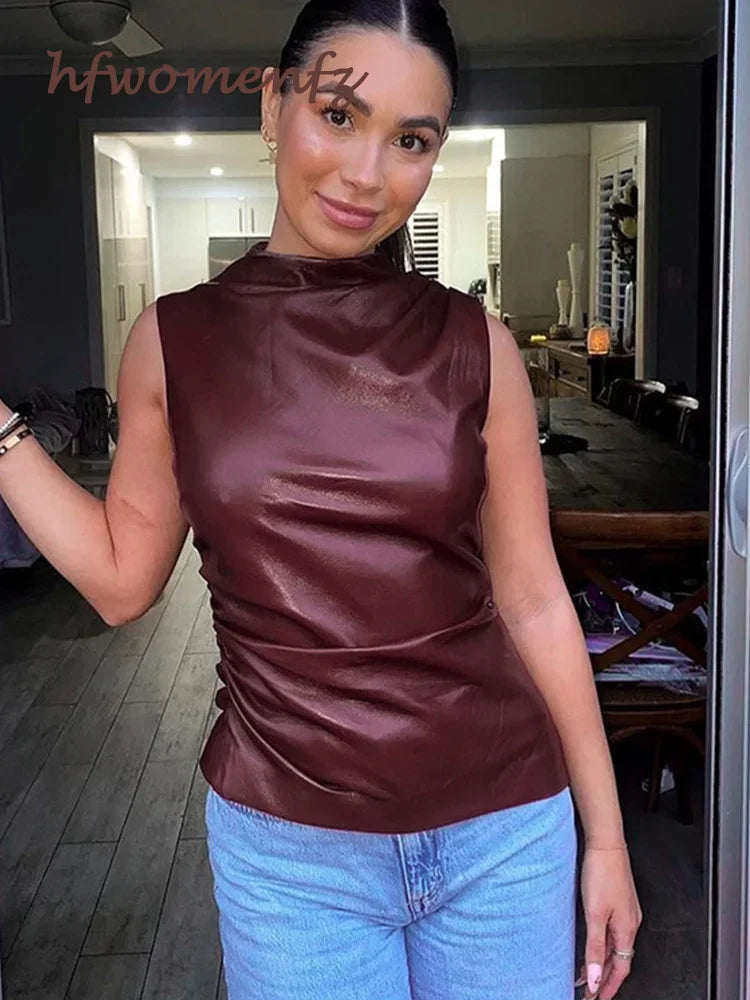 PU Leather Top Sleeveless Women Turtleneck Zipper Pleated Asymmetrical Sleeveless