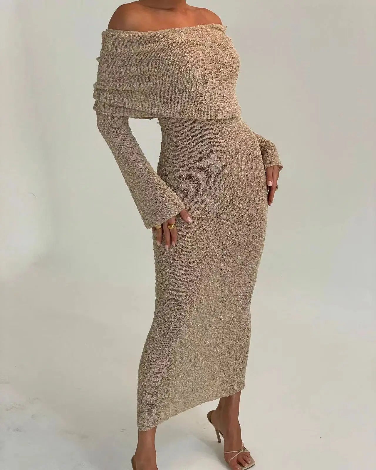 Women's Summer Slash Neck Sunscreen Maxi Dress Chic Long Sleeve Bodycon Knitted Vestidos Female Elegant