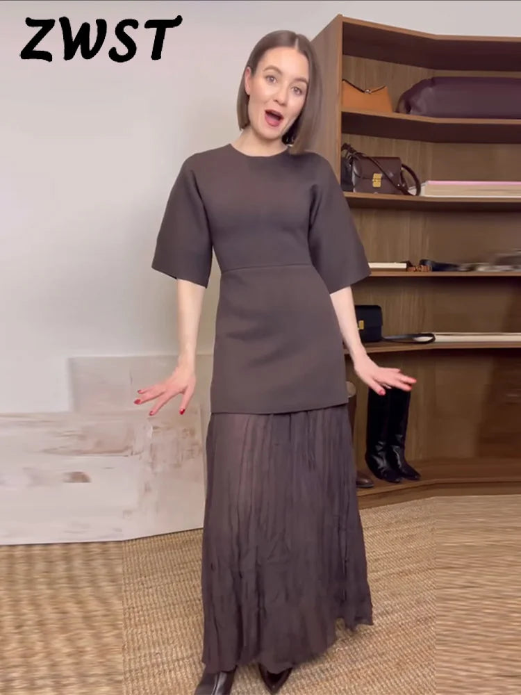 Elegant Pleat Dress Brown O-neck Half Sleeve