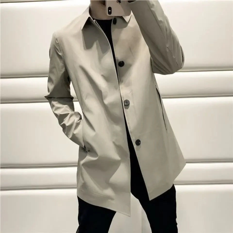 New 2025 Spring-autumn Fashionable Casual Loose-fit Versatile Medium-length Trench Coat For Men Thin Regular Lapel