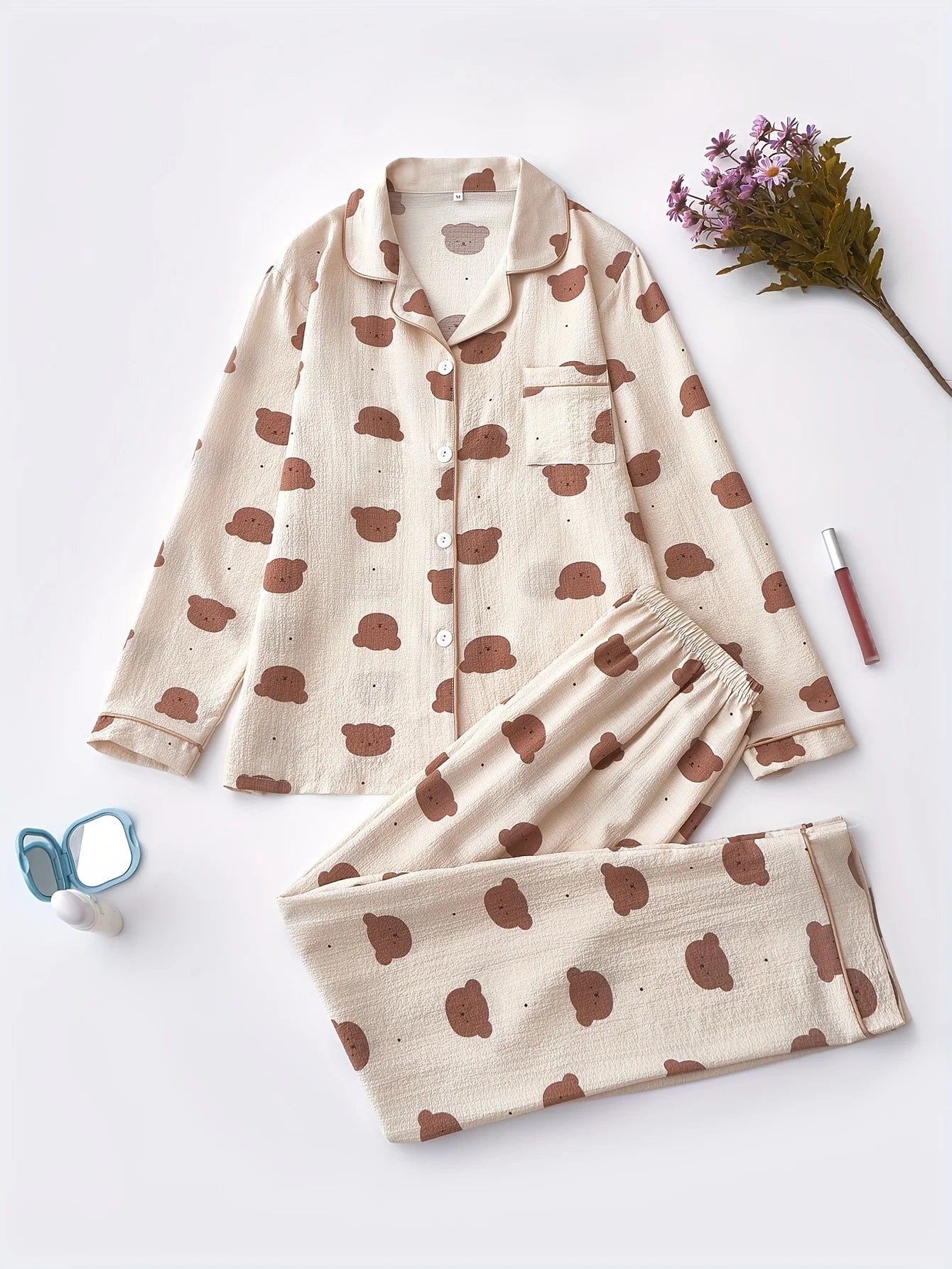 Cozy Bear Print Pajama Set for Women - Long Sleeve, Button-Up Lapel Top & Elastic Waist Pants, Machine Washable, for Autumn