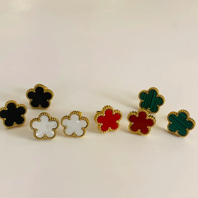 Stainless Steel Five Leaf Flower Earrings for Women with 14K Gold Plated Black Red White Green Color Elegant Earrings Jewelry