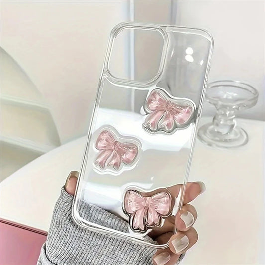 Cute 3D Pink Bowknot Clear Phone Case For iPhone 16 15 12 11 Pro Max 13 MiNi 14 Plus X XS XR 7 8 se2 Japan Korea Girl Epoxy Case
