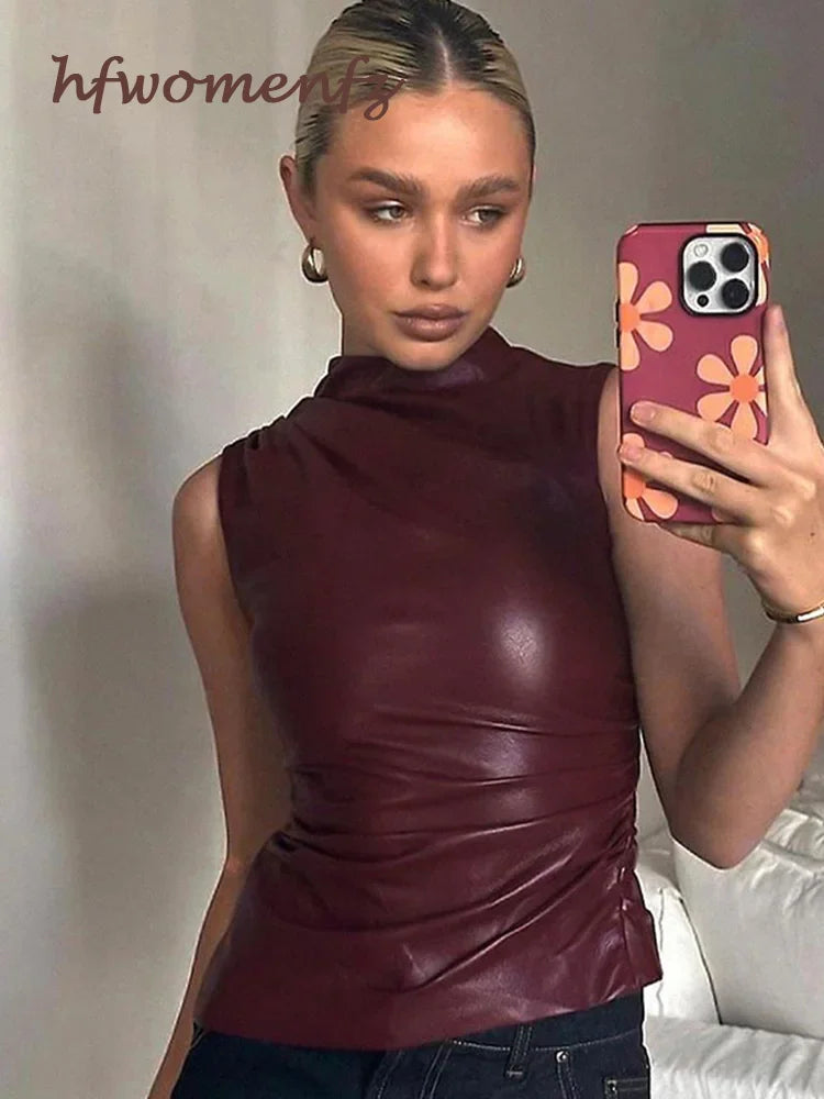 PU Leather Top Sleeveless Women Turtleneck Zipper Pleated Asymmetrical Sleeveless