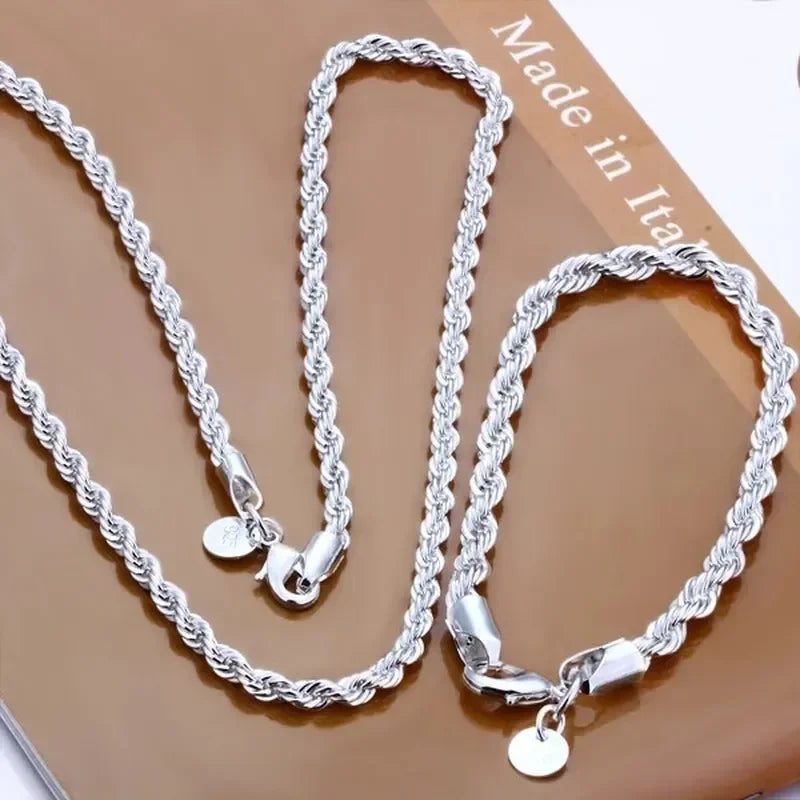 925 Sterling Silver European Style 6MM Flat Chain Necklace Bracelets Fashion for Man Women Girls Jewelry Sets