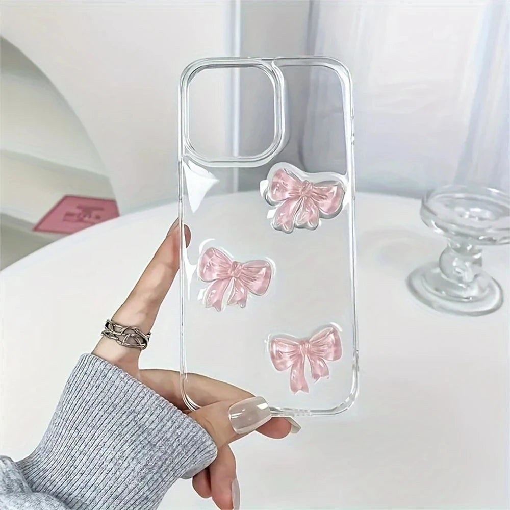 Cute 3D Pink Bowknot Clear Phone Case For iPhone 16 15 12 11 Pro Max 13 MiNi 14 Plus X XS XR 7 8 se2 Japan Korea Girl Epoxy Case