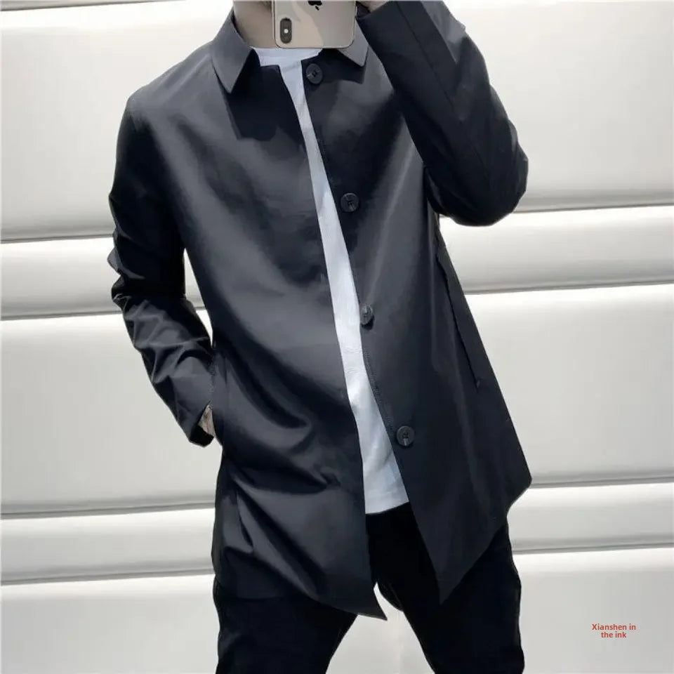 New 2025 Spring-autumn Fashionable Casual Loose-fit Versatile Medium-length Trench Coat For Men Thin Regular Lapel