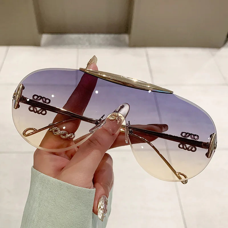 Cutting rimless oversize one piece shield sunglasses for women fashion alloy big frame gradient Y2K sun glasses ladies shades