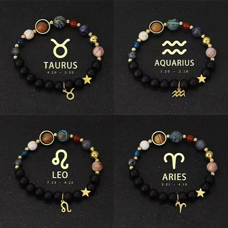 Bracelet 12 Zodiac Signs Virgo Taurus Cosmic Galaxies Eight Planets Constellation Bracelet Natural Stone Solar System Bracelet