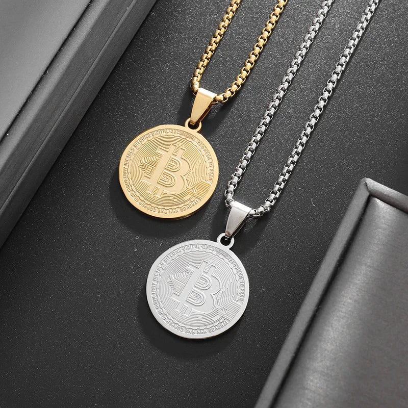 Vintage Stainless Steel Bitcoin Coin Round Medal Pendant Necklace for Men Women Fashion Creative Virtual Souvenir Coin Jewelry
