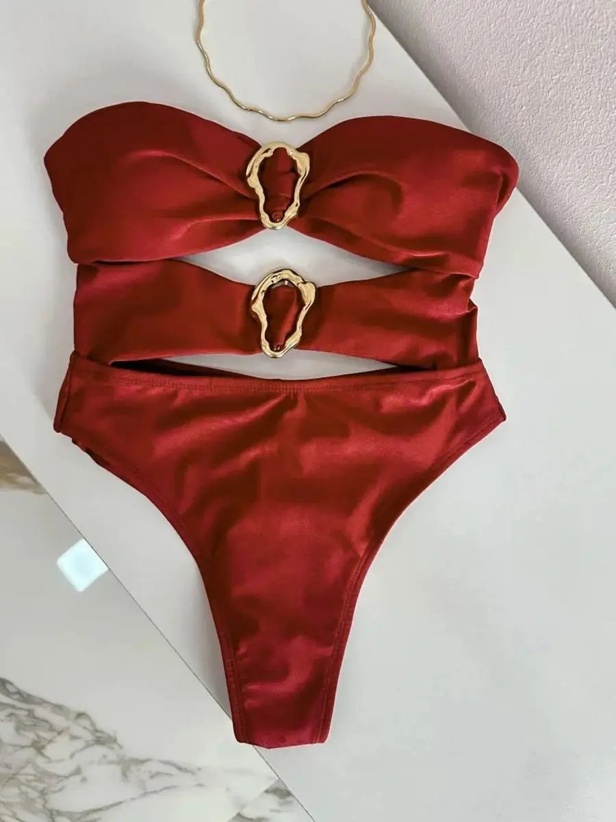 3 Colors Metal Rings Cut Out Women Swimwear
